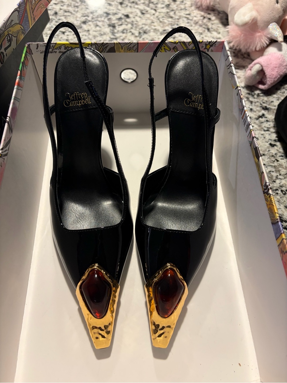 NEW! Jeffrey Campbell Sorcerer Black Patent Slingback with Gold-Tone Gem Accent - Picture 4 of 10